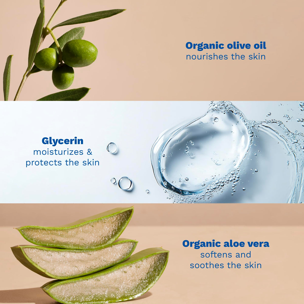 Mustela ingredients display olive oil aloe vera sunflower oil, natural sourcing benefit emphasized