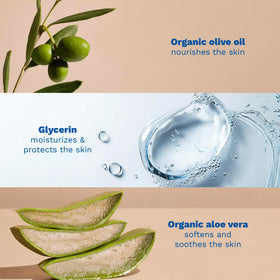 Mustela ingredients display olive oil aloe vera sunflower oil, natural sourcing benefit emphasized