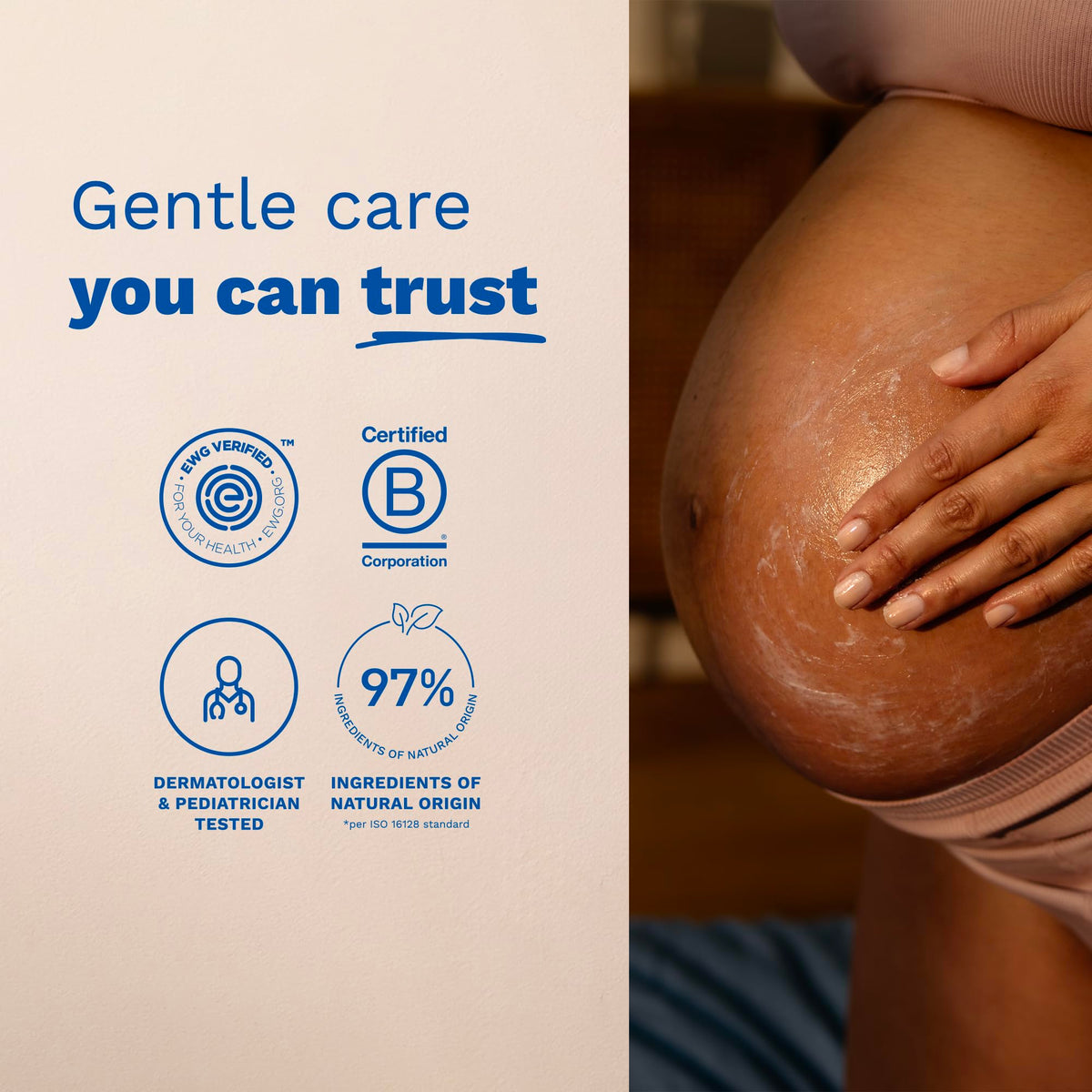Mustela lifestyle image of pregnant person using products for soothing skin care
