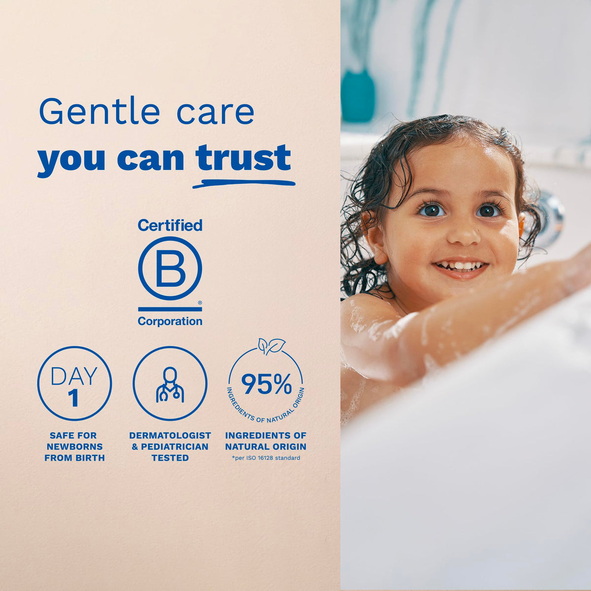 Mustela shampoo in child's bath illustrating gentle cleansing