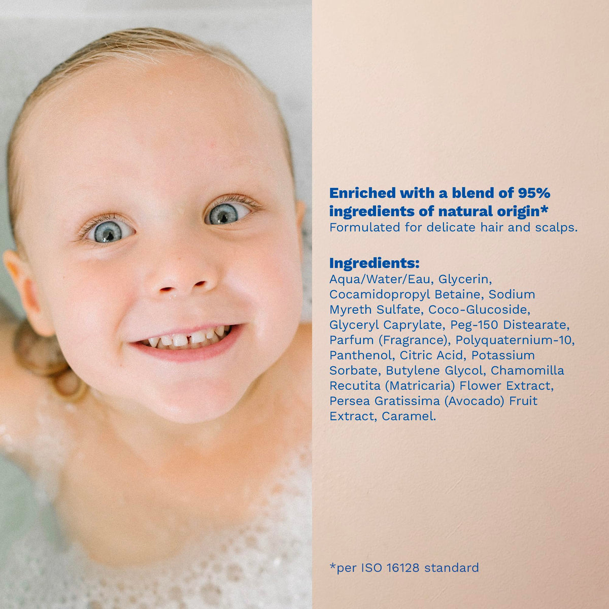 Parent applying Mustela shampoo to child's hair showing calming bath-time benefit