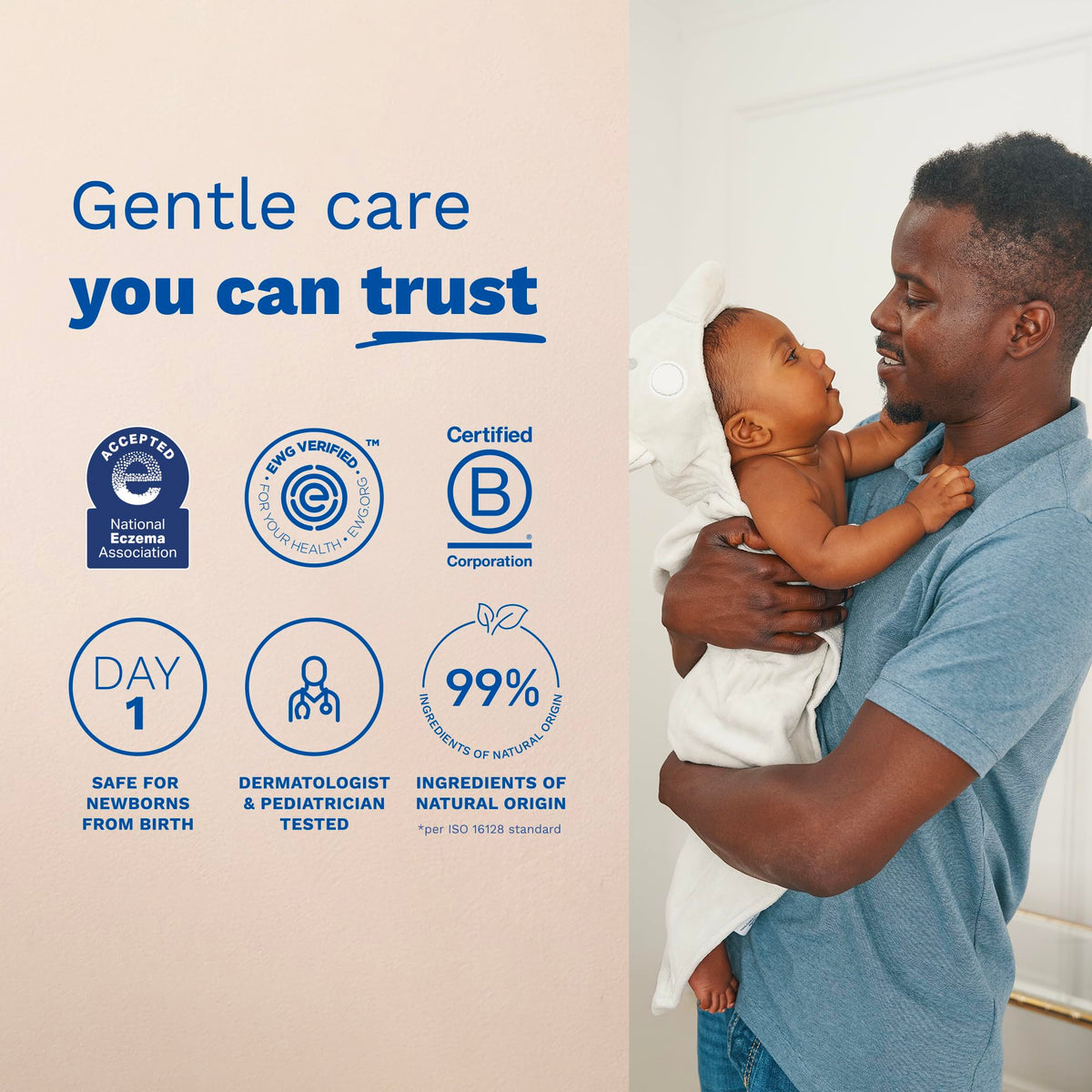 Baby being gently washed with Mustela Stelatopia demonstrating tear-free comfort