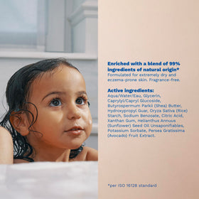 Close-up label of Mustela Stelatopia highlighting fragrance-free and 98% natural benefits
