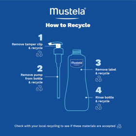 Bottle held in hand for scale showing Mustela 16.9 fl oz size and travel readiness