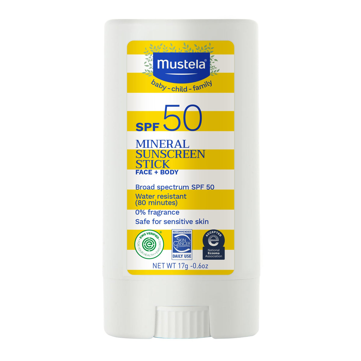 Mustela sunscreen stick front packaging showing SPF 50 protection for easy identification