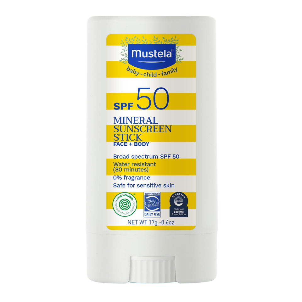 Mustela sunscreen stick front packaging showing SPF 50 protection for easy identification