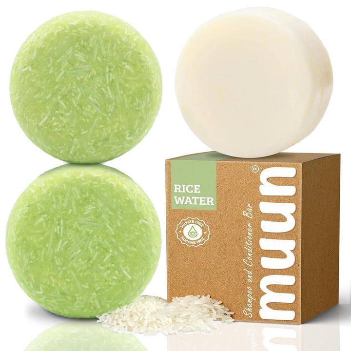 Muun front pack shot showing two shampoos and one conditioner, sustainable benefit