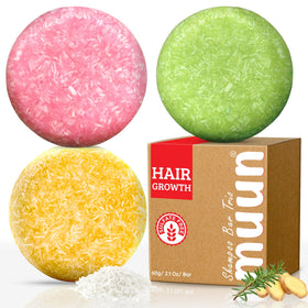 Muun front packaging of three shampoo bars showing eco benefits and variety