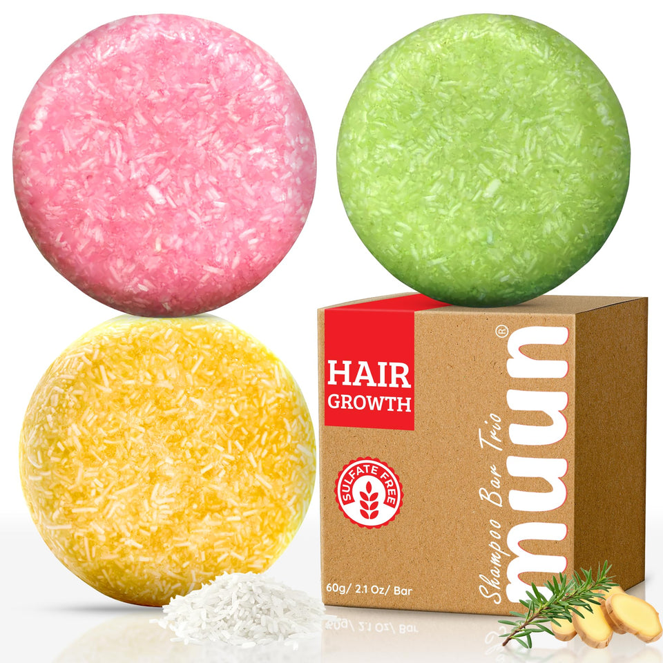 Muun front packaging of three shampoo bars showing eco benefits and variety