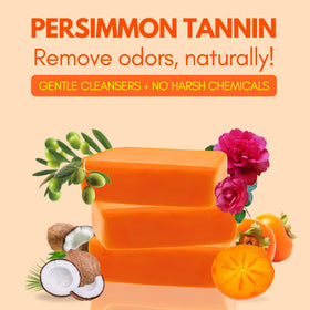 Close-up of Muun soap bar texture highlighting persimmon tannin infusion for deep cleansing