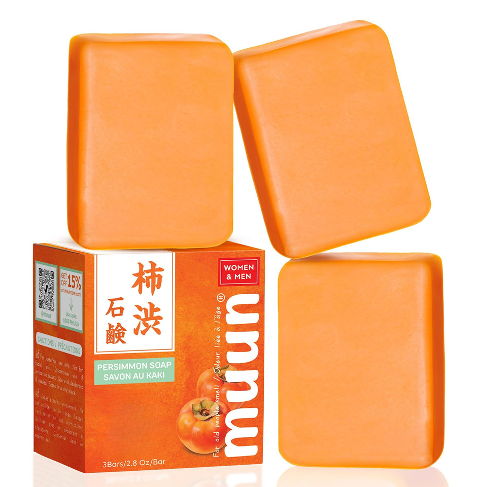 Muun front packaging showing three persimmon soap bars and clear labeling, promoting odor control