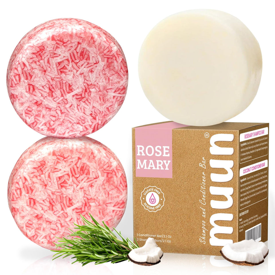 Muun front packaging showing three solid hair care bars and sustainable benefits