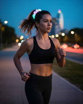 MUYANN scrunchie worn on wrist demonstrating glow visibility and convenience