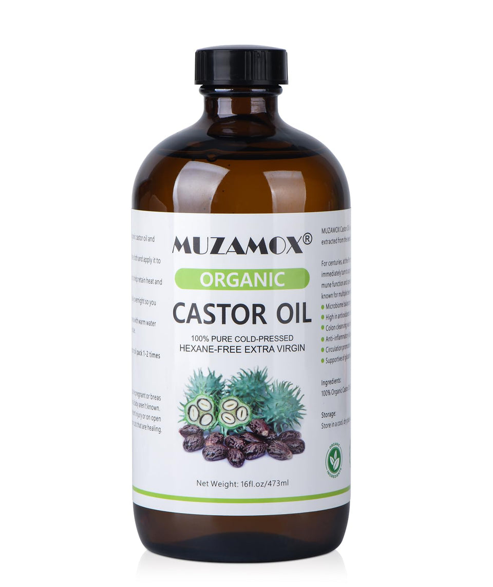 MUZAMOX amber glass bottle front label showing purity and benefits
