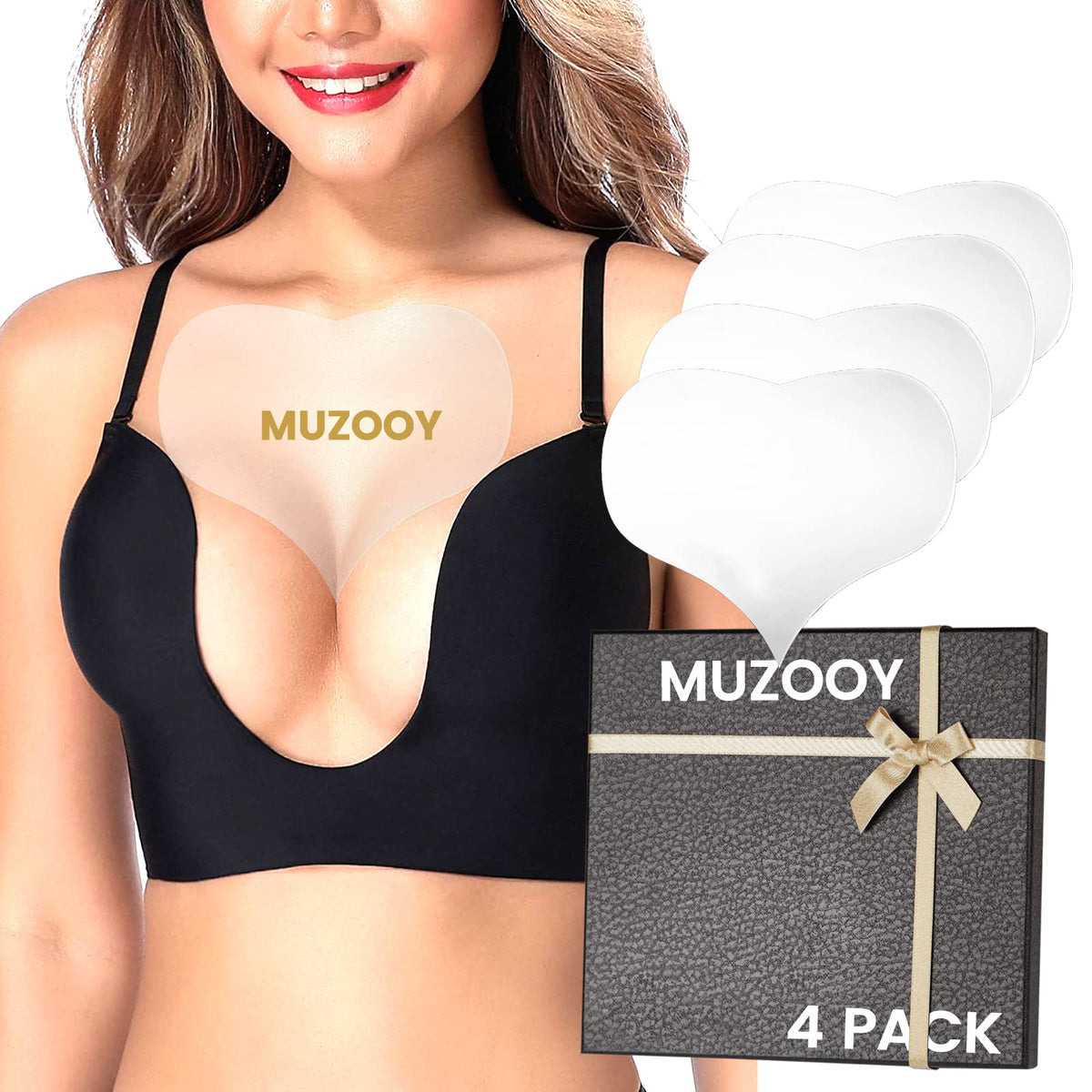 Muzooy front packaging showing 4 chest wrinkle pads and benefits
