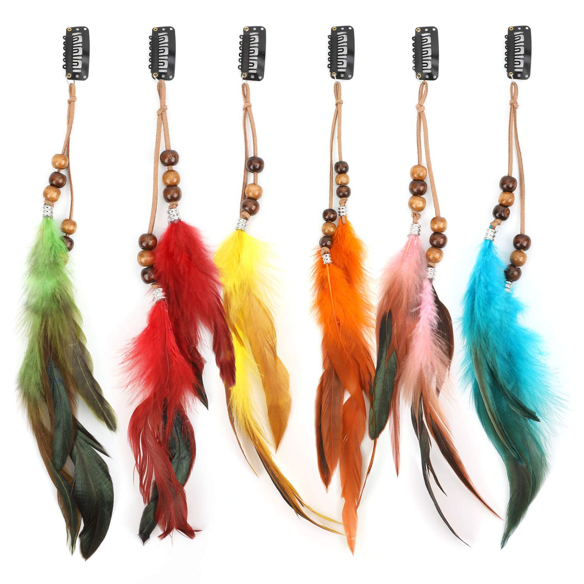 MWOOT front view of six feather clips showing variety and festival-ready style
