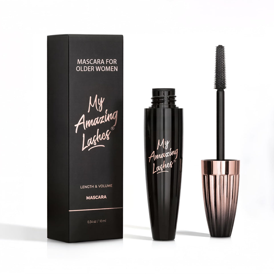 My Amazing Lashes tube front view showing sleek black packaging and clear benefit
