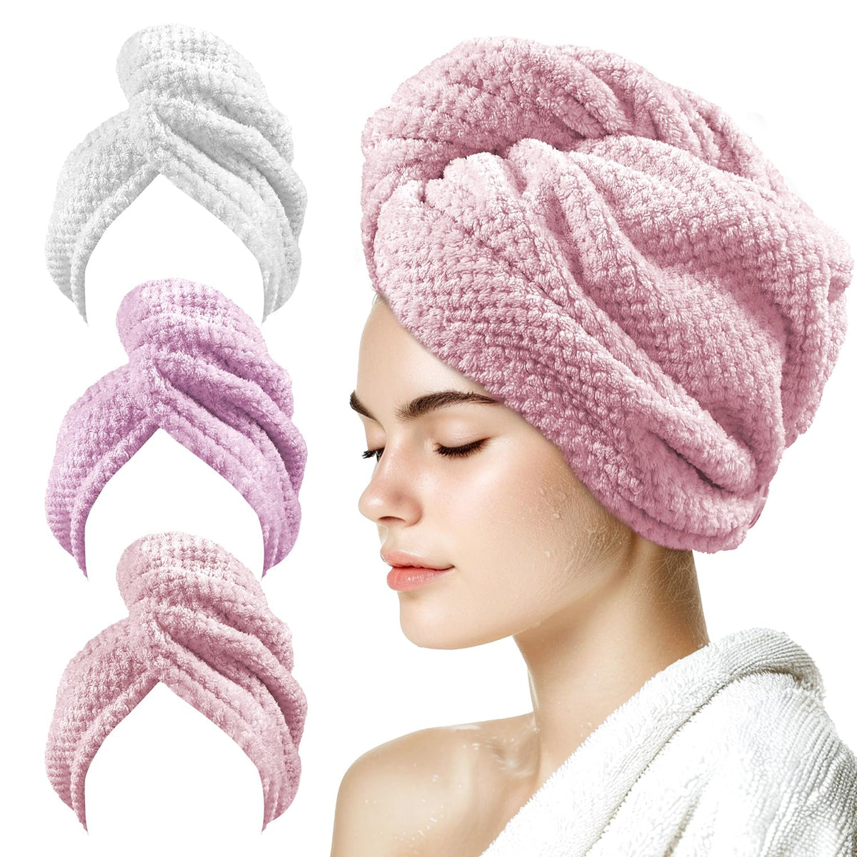 my novel things front view of three towel wraps showing colors and compact packaging for versatile drying
