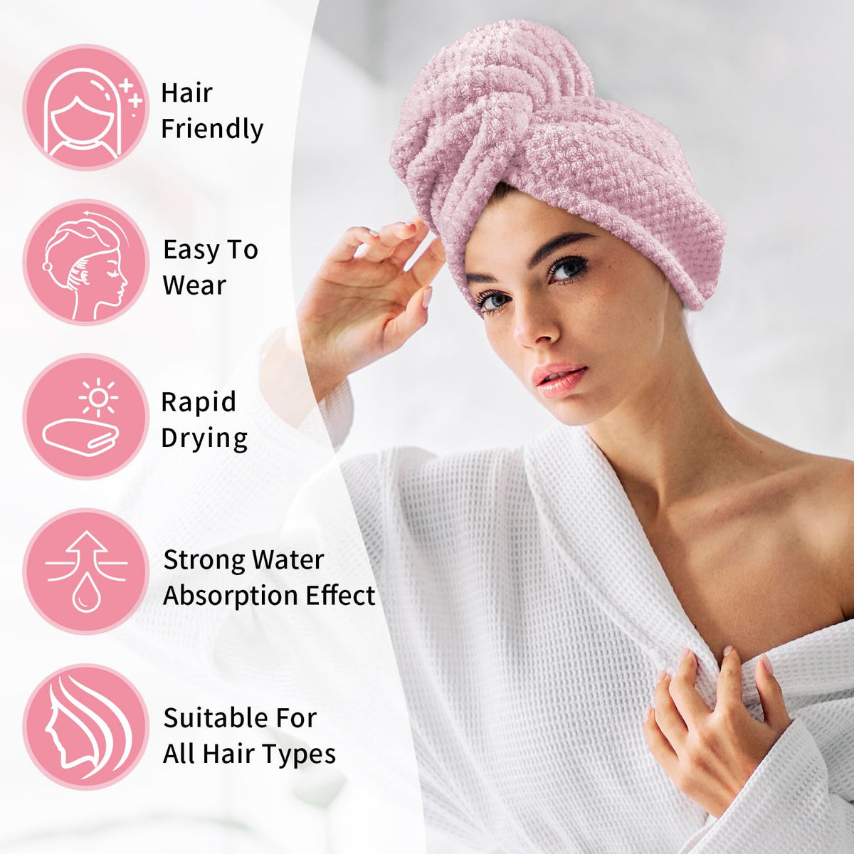 my novel things model wearing towel wrap on curly hair demonstrating anti-frizz, comfortable fit