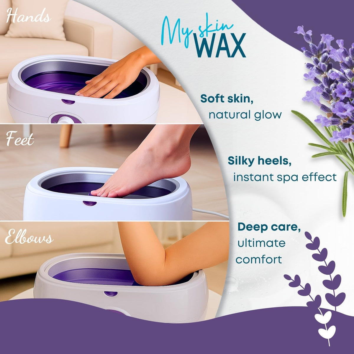 Foot treatment scene using My Skin WAX blocks and gloves for relaxing pedicure care at home