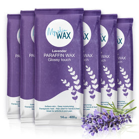 My Skin WAX front packaging showing six lavender paraffin blocks and included gloves for easy storage