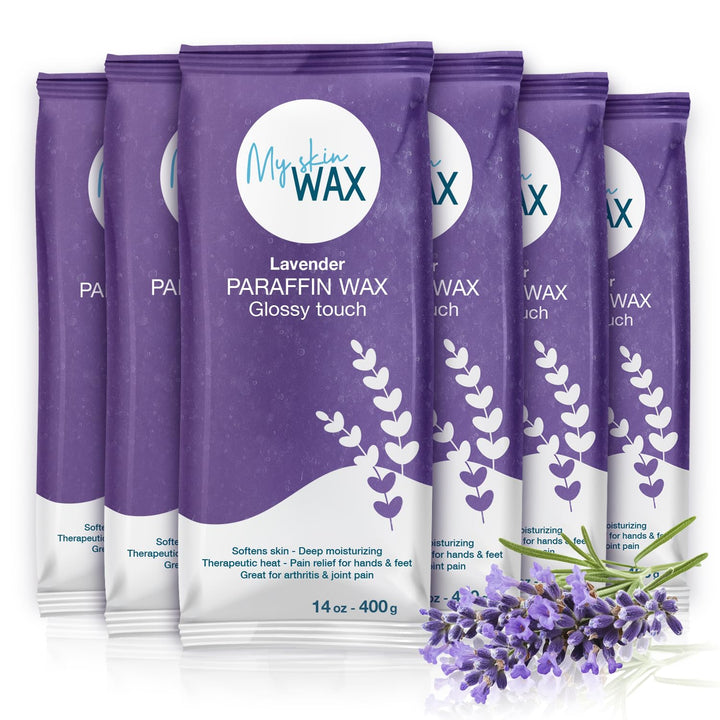 My Skin WAX front packaging showing six lavender paraffin blocks and included gloves for easy storage