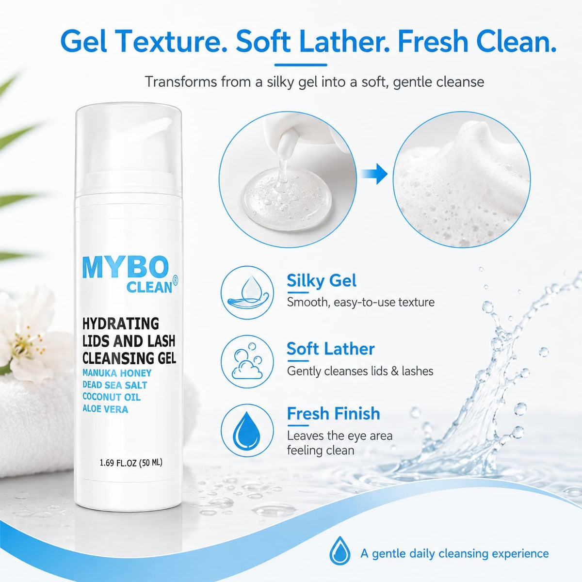 Myboclean bottle beside measuring cup to show 1.69 fl oz size and travel-friendly scale