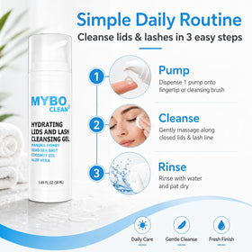 Myboclean applied with eyelid cleansing brush demonstrating gentle effective removal