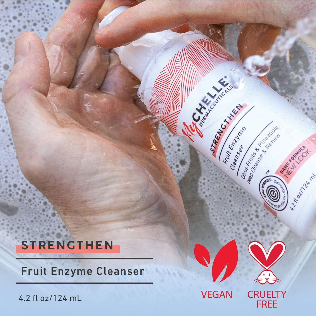 MyChelle pump and label detail highlighting ingredient transparency and easy dispensing