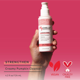 MyChelle Pumpkin Cleanser label close-up showing fruit AHAs and antioxidant ingredients for clarity
