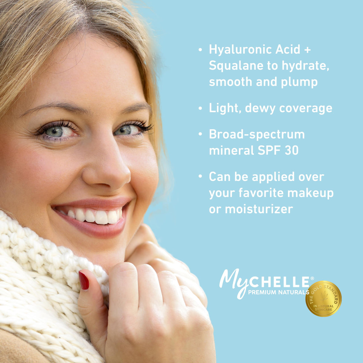 MyChelle serum applied to skin demonstrating sheer tint and dewy finish benefit