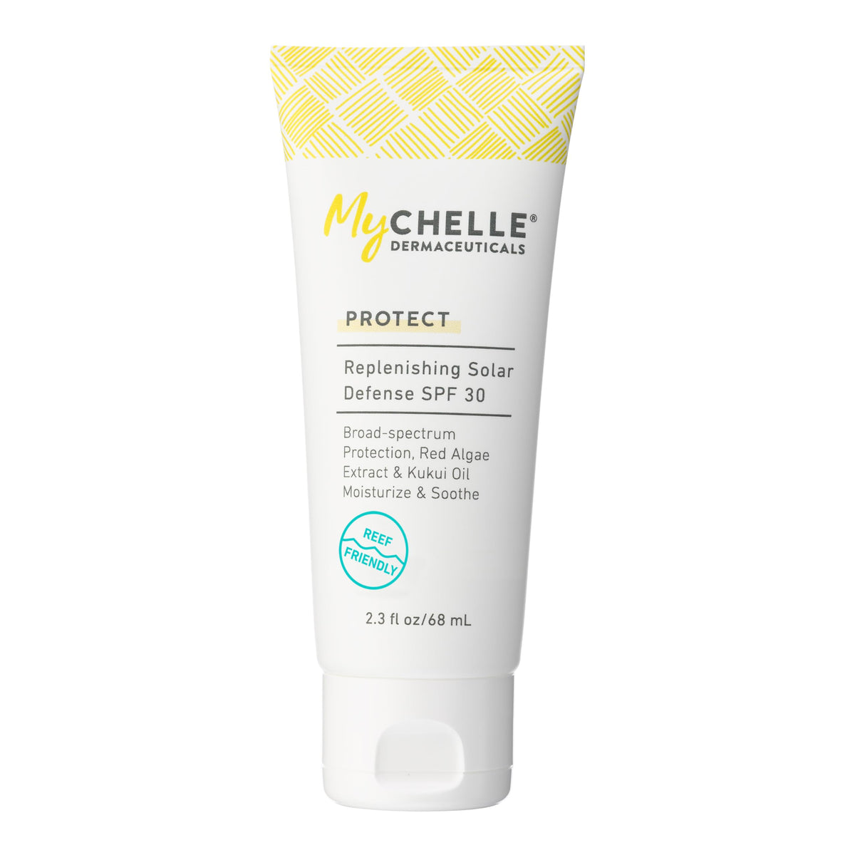 MyCHELLE tube front view showing SPF 30 and travel convenience benefit