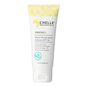 MyCHELLE tube front view showing SPF 30 and travel convenience benefit