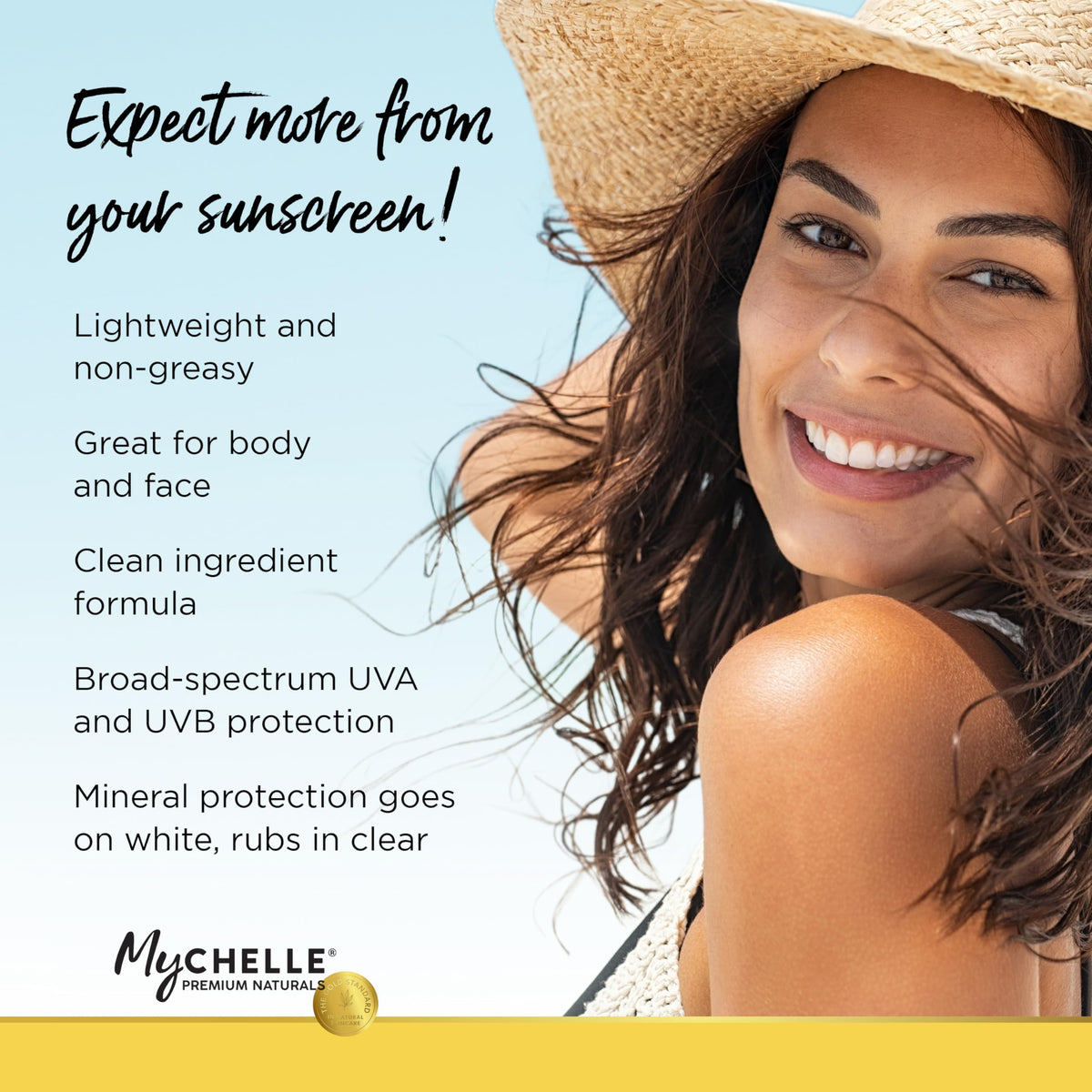 MyCHELLE ingredients label close-up showing reef-safe and clean benefits