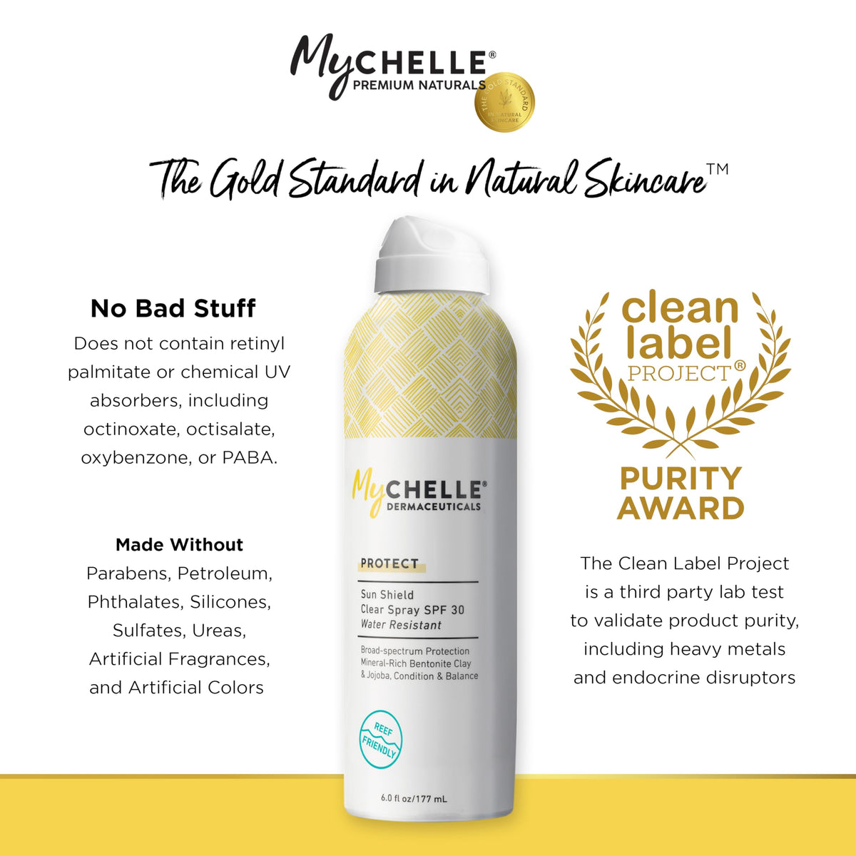 MyChelle spray being applied to arm for quick, full-body coverage