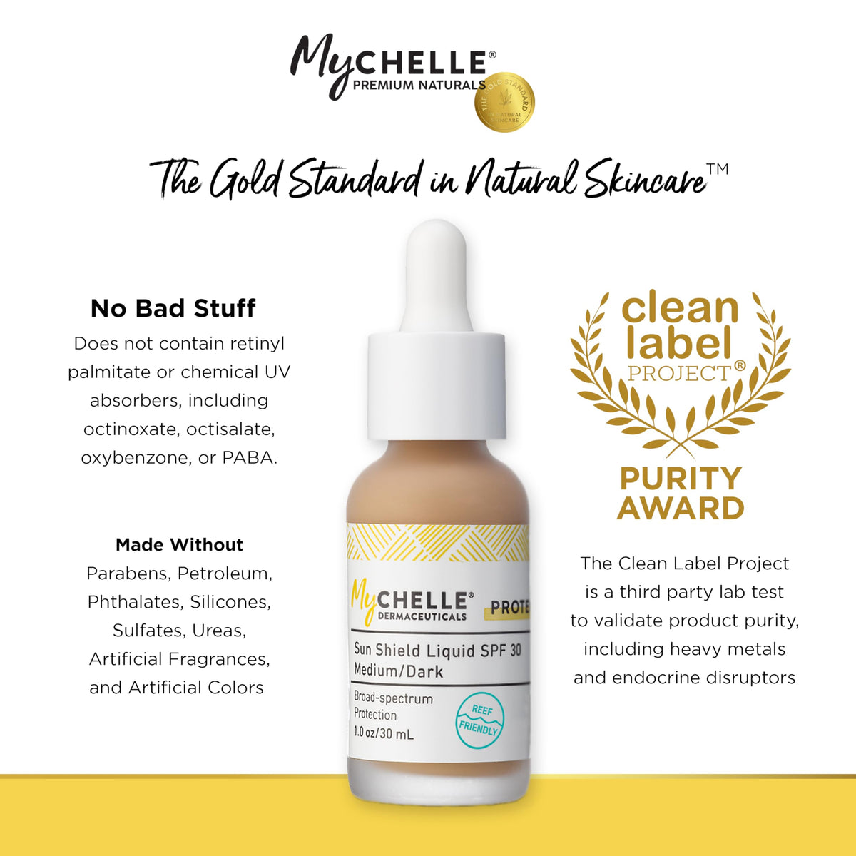MyChelle label and cap detail highlighting clean-ingredient benefits