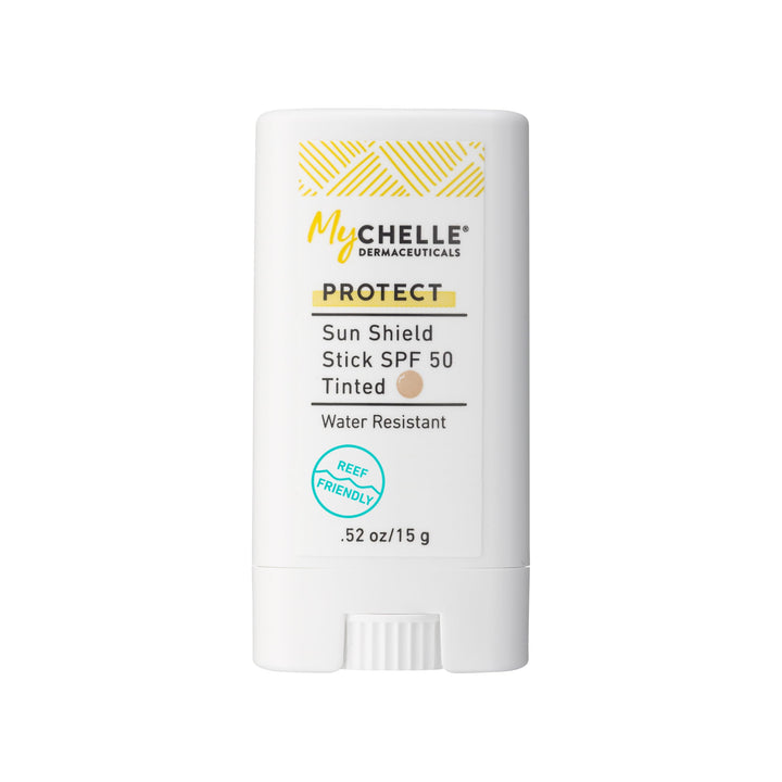 MyCHELLE Sun Shield Stick front packaging showing compact SPF protection