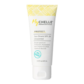 MyCHELLE front tube showing SPF 28 and unscented protection benefits