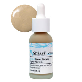 MyChelle Super Serum front packaging showing label and size benefit: clear info