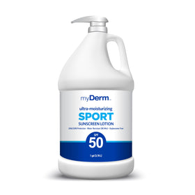 Myderm front packaging gallon bottle showing product and SPF 50 protection benefit