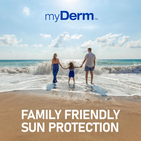 Myderm lifestyle beach safety station showing convenient refillable sunscreen access