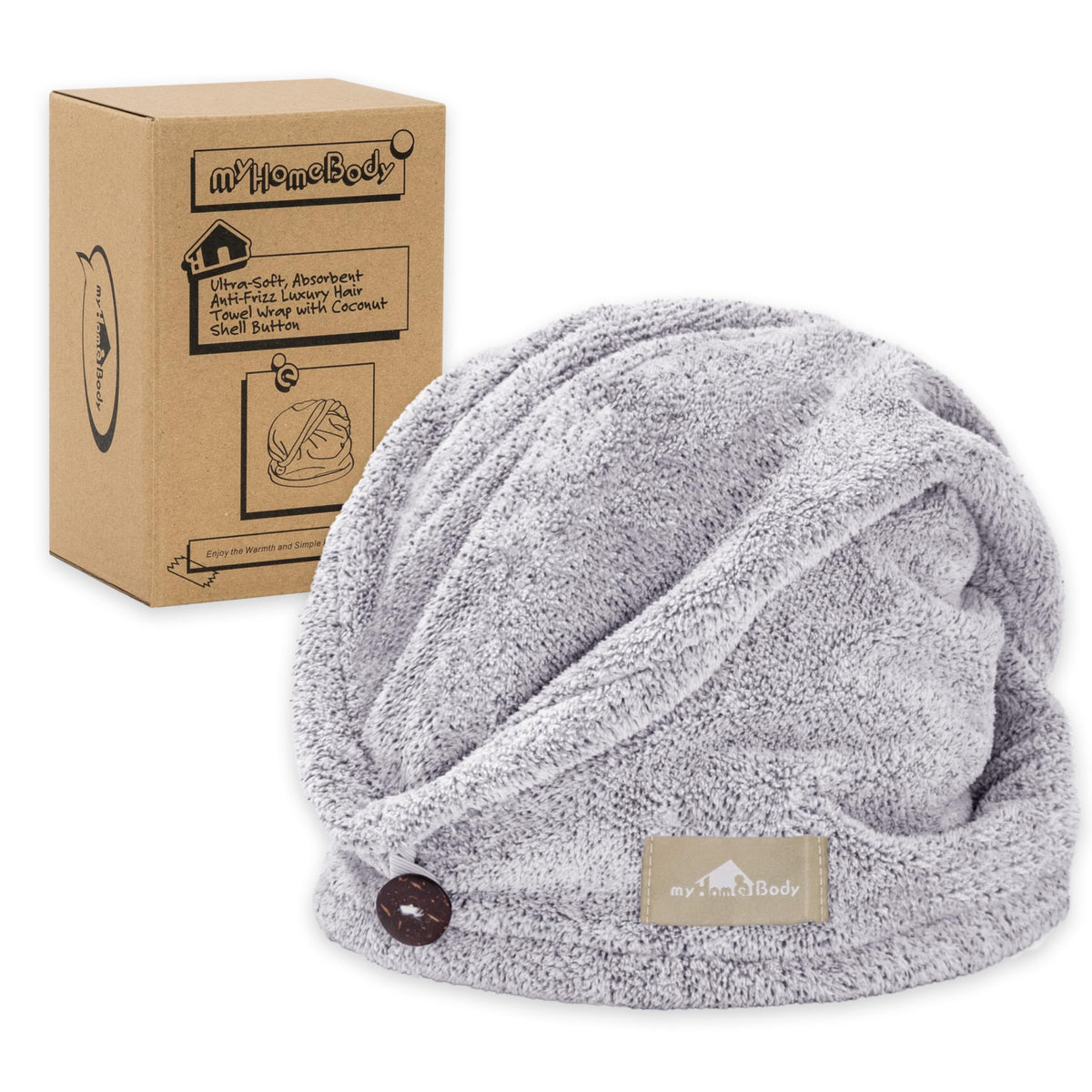 myHomeBody front view of gray turban showing shape and size for quick drying