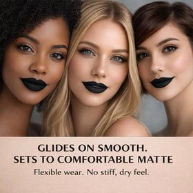 Mynena applied on model lips showing bold black impact and wear