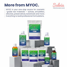 MYOC bottle on bathroom shelf in lifestyle scene conveying professional at-home use