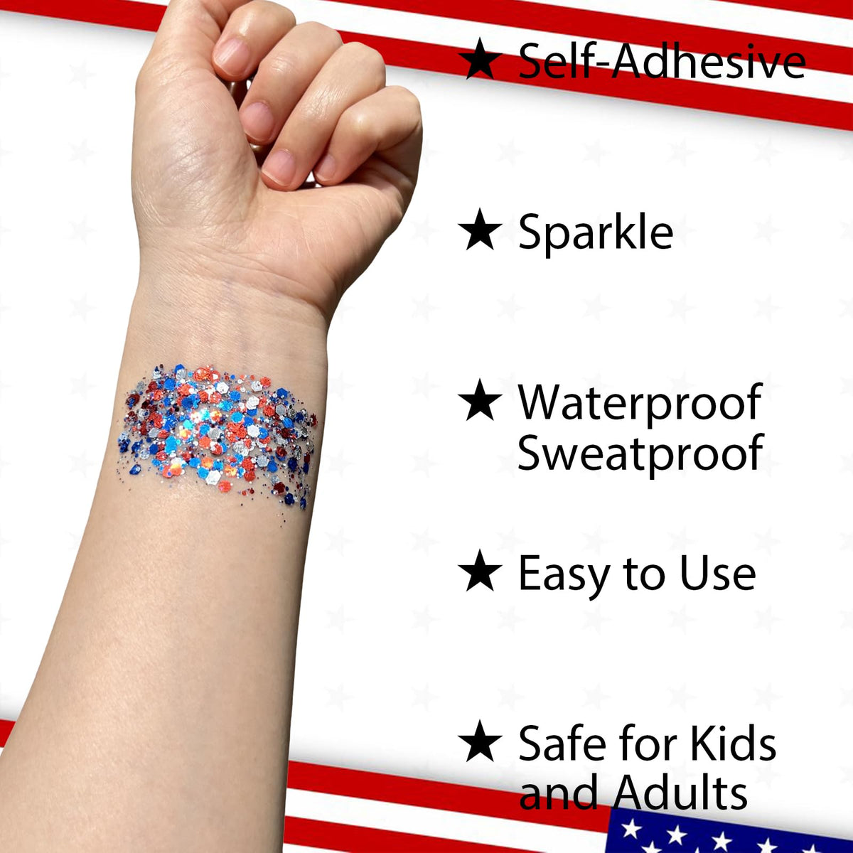 Mysense glitter stick applied under eye for patriotic makeup and long-lasting sparkle
