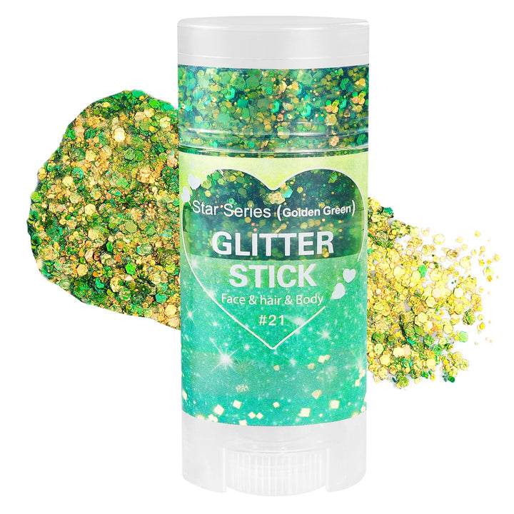 Mysense glitter stick front view showing green-gold shimmer and twist-up design for easy use