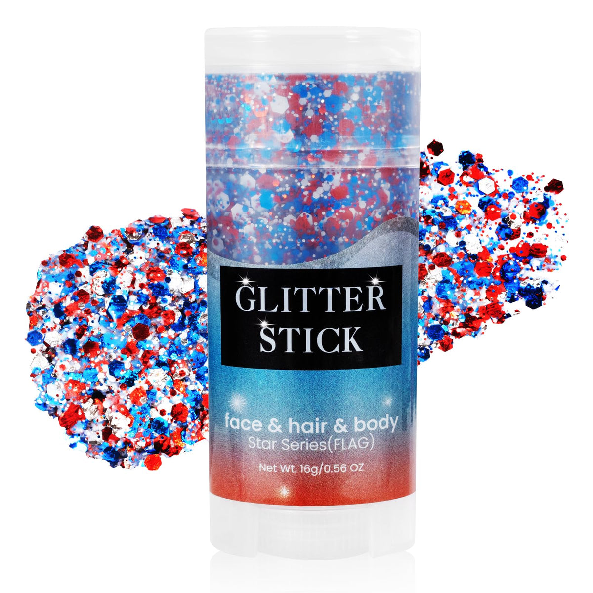 Mysense front packaging glitter stick showing red white blue patriotic design and benefits