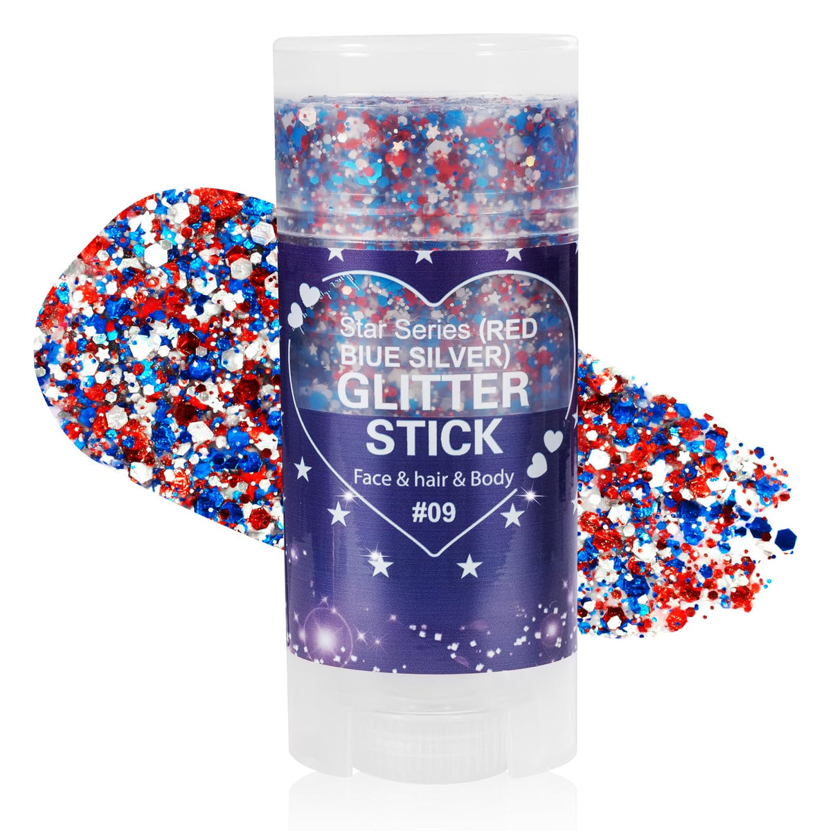 Mysense front packaging showing patriotic red white blue glitter stick giving instant sparkle