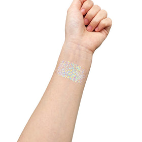 Mysense glitter stick used along hairline, showing secure adhesion and styling effect