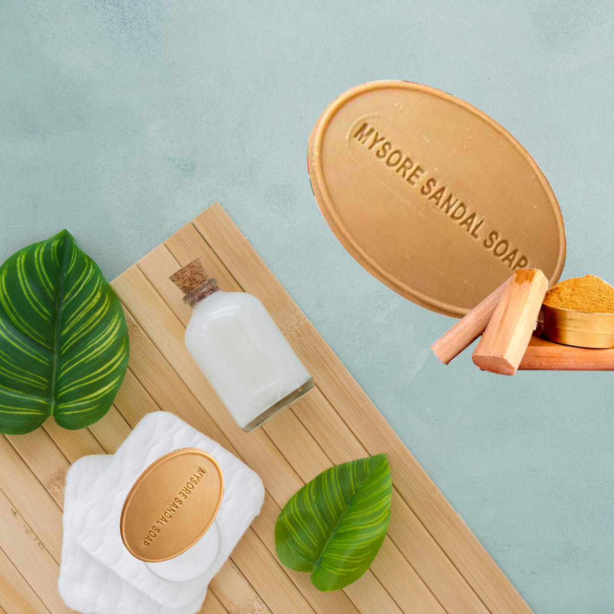 Mysore Sandal bar in hand for size comparison, compact travel-friendly
